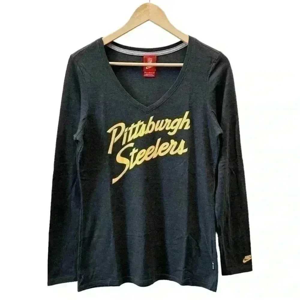 NFL Nike Pittsburg Steelers Long Sleeve T-Shirt V  Neck Grey Yellow Size Medium